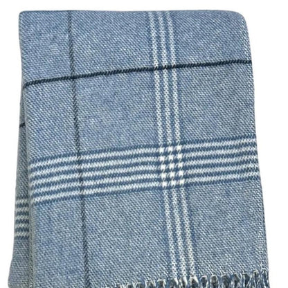 50" X 67" Denim Blue And White Cotton Blend Woven Plaid Throw Blanket with Fringe