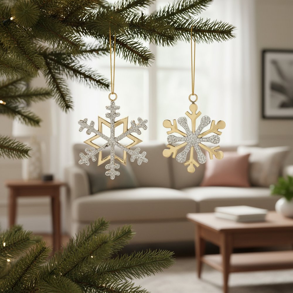 Set of Two Gold And Gray Shatterproof Metal Hanging Figurine Ornaments