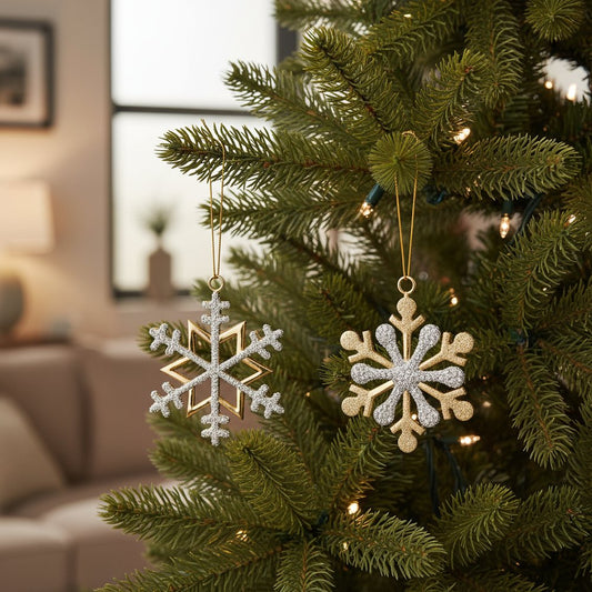 Set of Two Gold And Gray Shatterproof Metal Hanging Figurine Ornaments