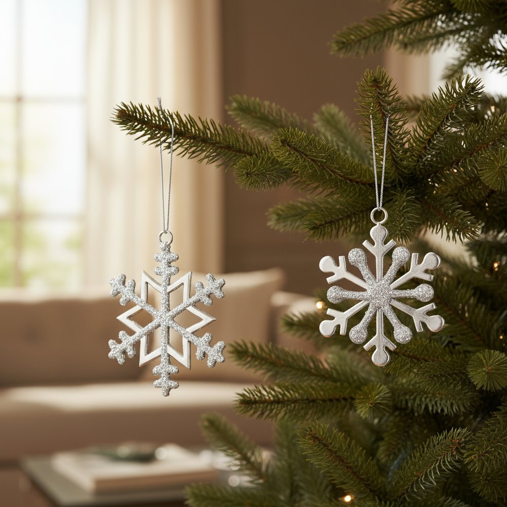 Set of Two Silver Shatterproof Metal Hanging Figurine Ornaments