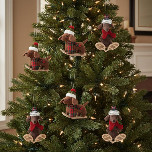 Set of Six Red Brown And Beige Shatterproof Hanging Figurine Ornaments