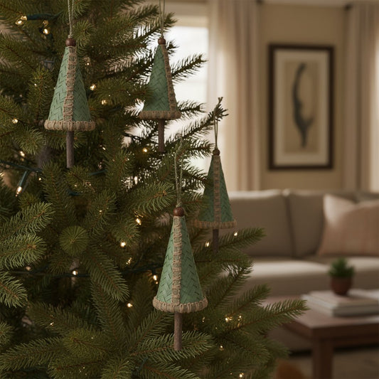 Set of Two Green And Beige Hanging Figurine Ornaments