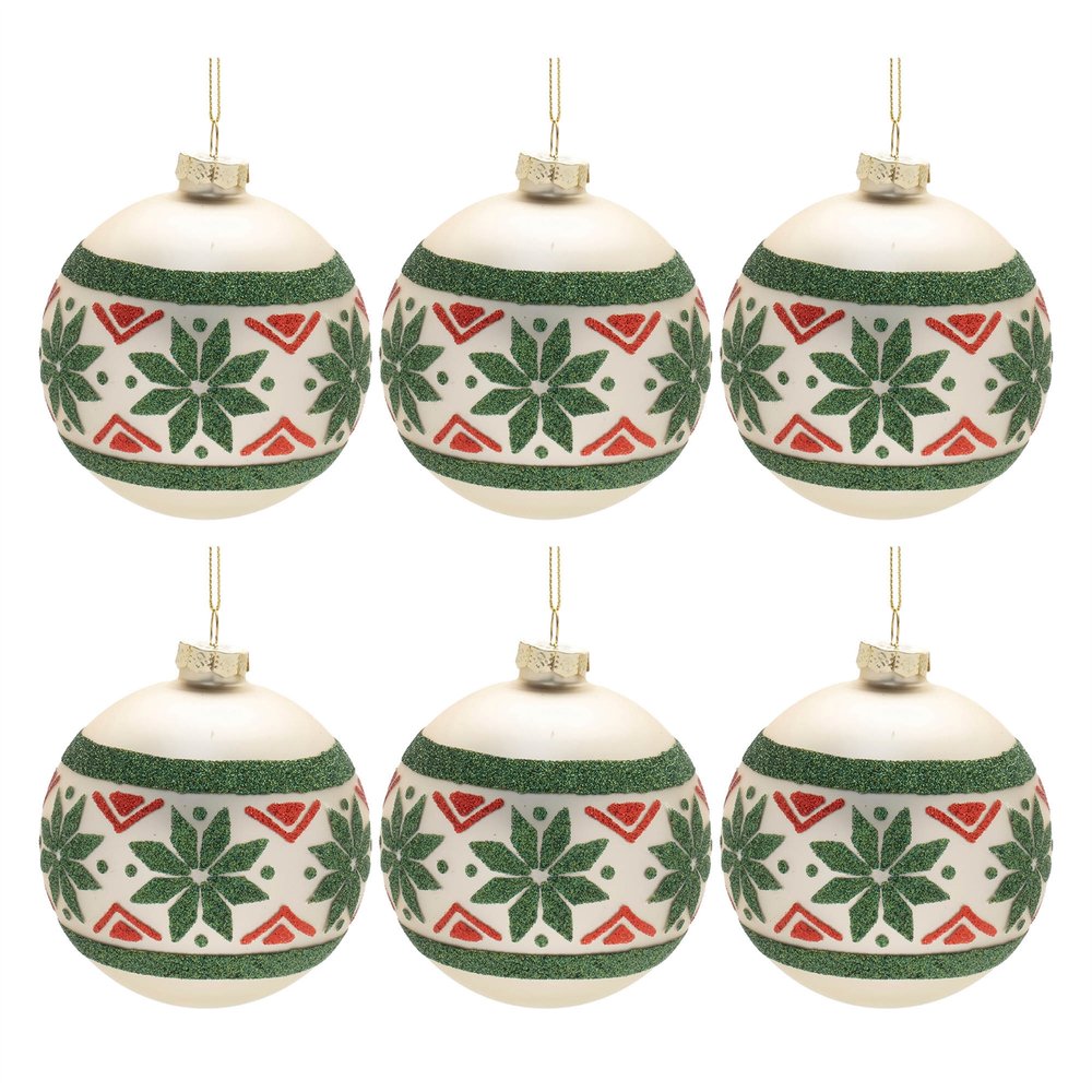 Set of Six Green And Red Glass Ball Ornaments