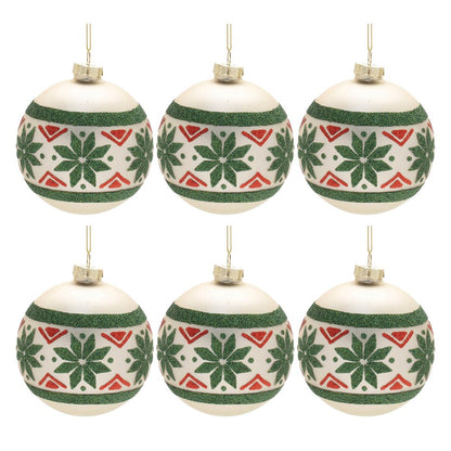 Set of Six Green And Red Glass Ball Ornaments