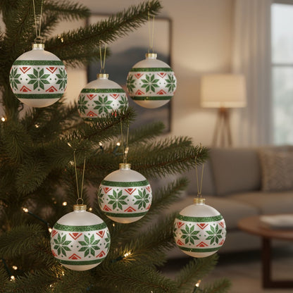 Set of Six Green And Red Glass Ball Ornaments