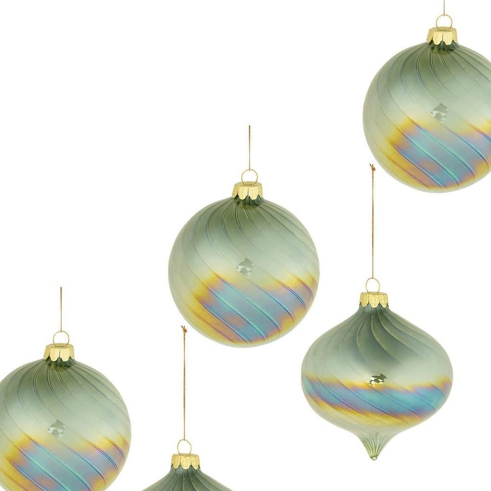 Set of Six Green And Gold Glass Hanging Figurine Ornaments