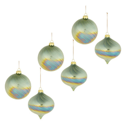 Set of Six Green And Gold Glass Hanging Figurine Ornaments