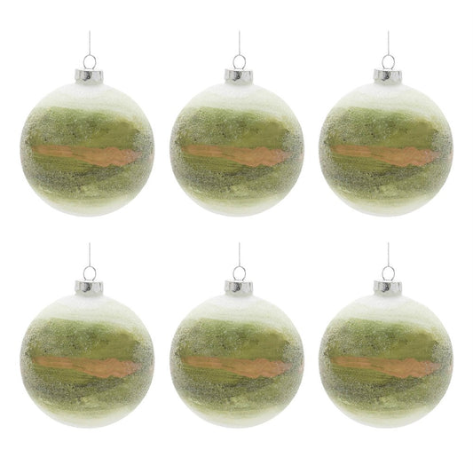 Set of Six Green And Gold Glass Ball Ornaments
