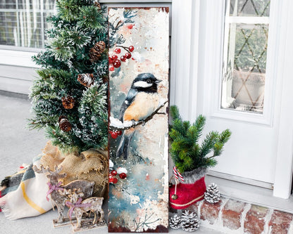 36" White Black And Red Christmas Chickadee Solid Wood Porch Sign
