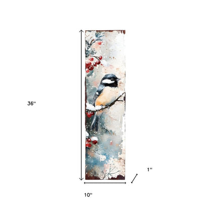 36" White Black And Red Christmas Chickadee Solid Wood Porch Sign