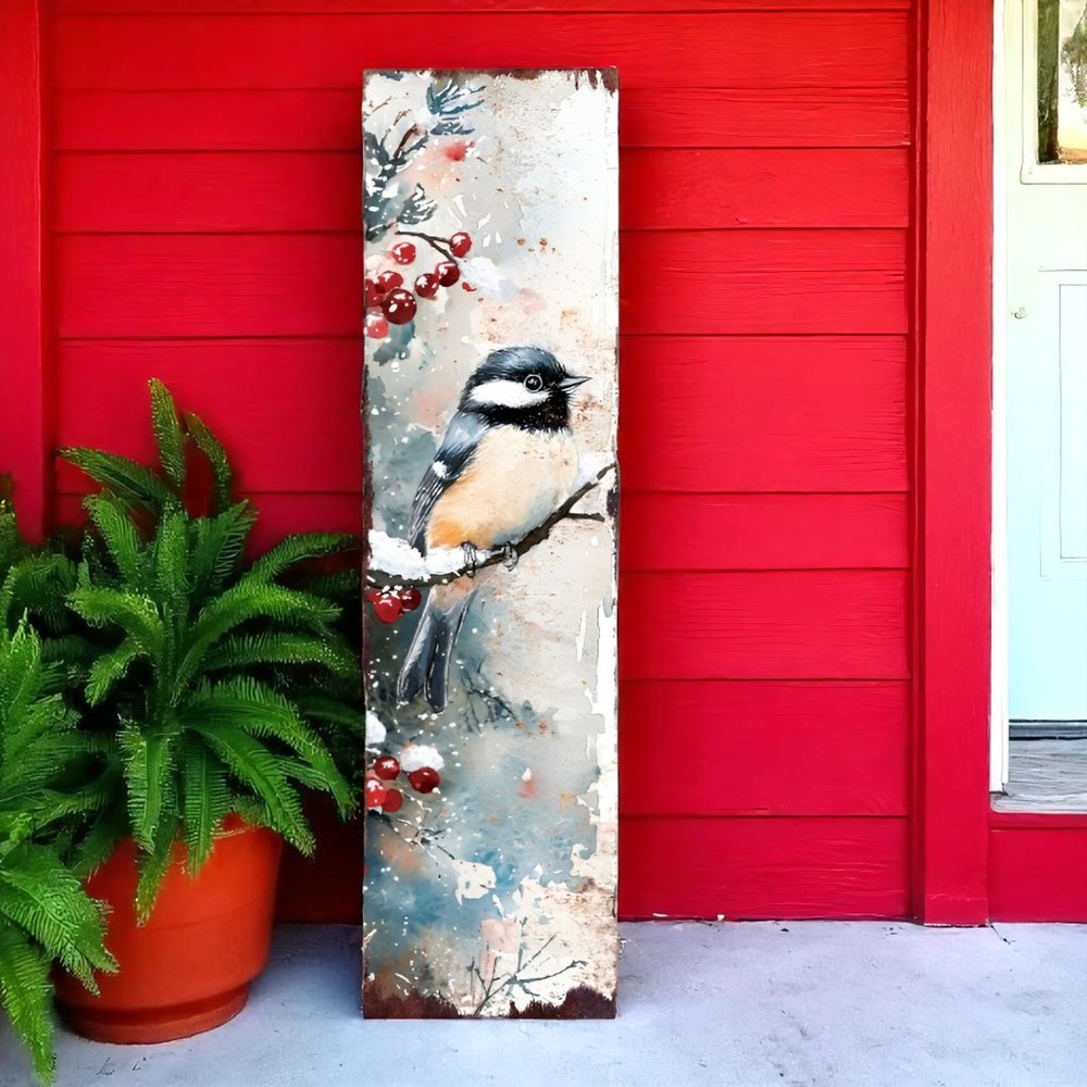36" White Black And Red Christmas Chickadee Solid Wood Porch Sign