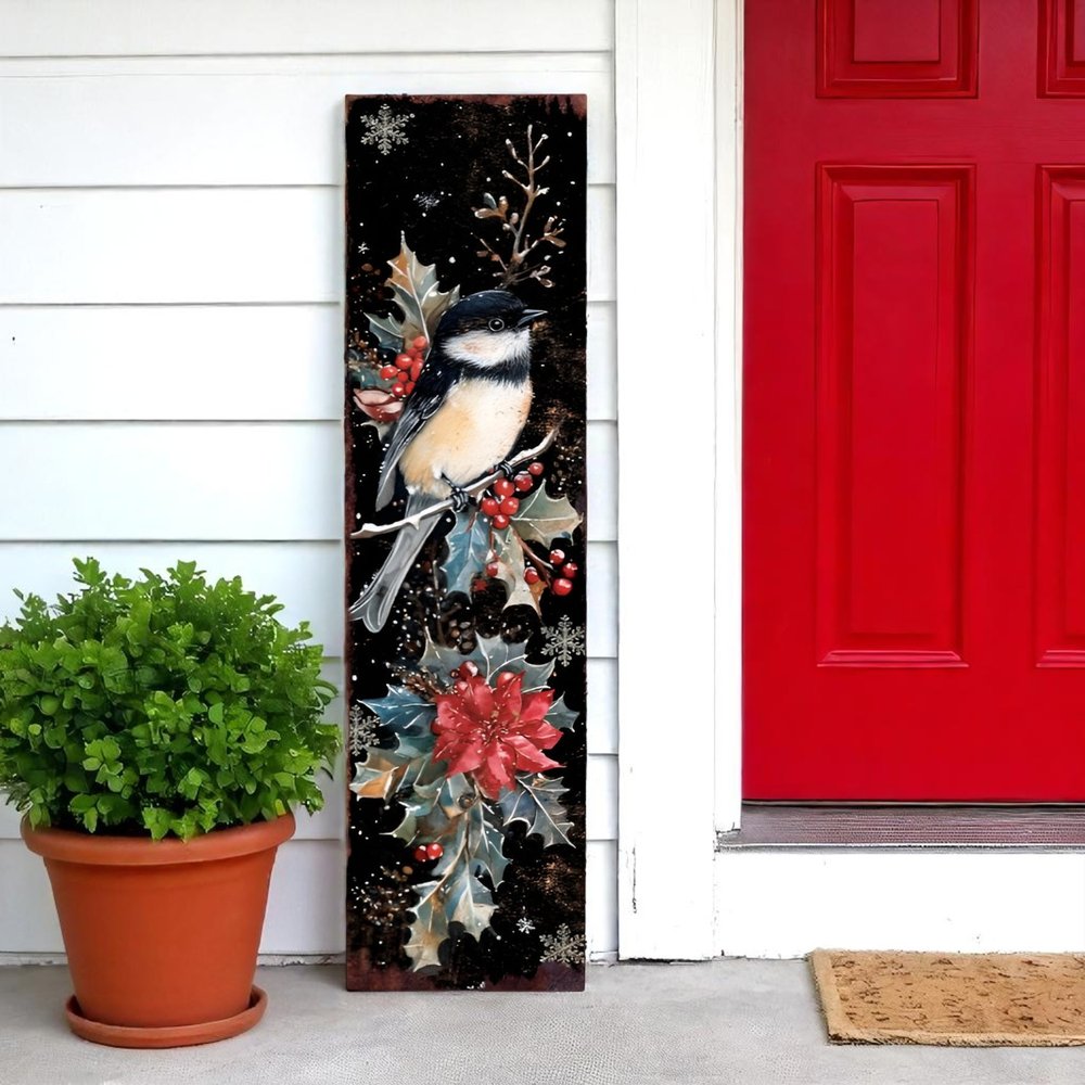 Letrero navideño de madera maciza para porche de 36 pulgadas, color negro, rojo y blanco, con diseño de carbonero