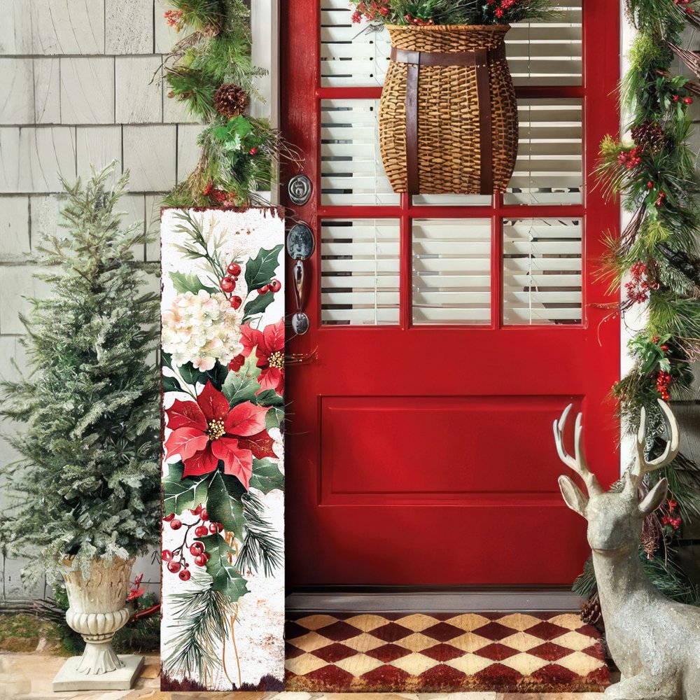36" White Green And Red Christmas Poinsettia Solid Wood Porch Sign