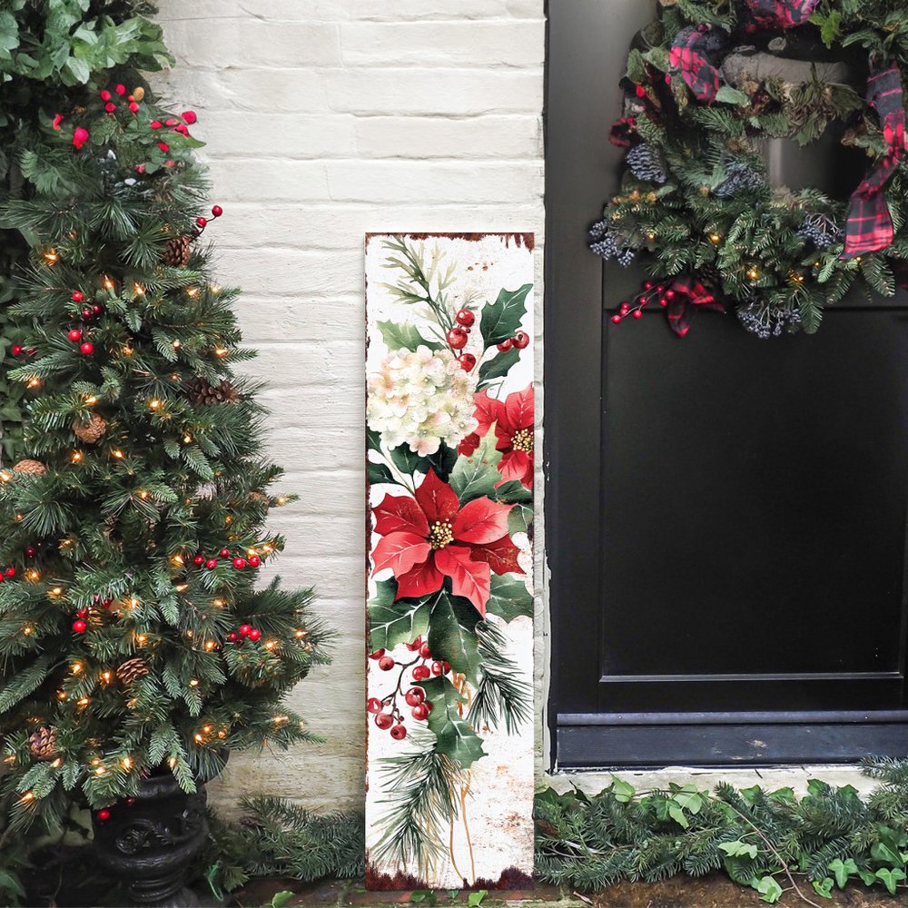 36" White Green And Red Christmas Poinsettia Solid Wood Porch Sign