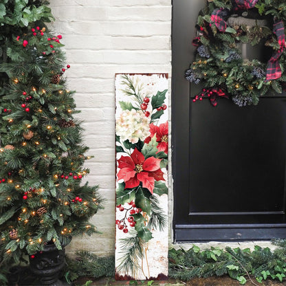 36" White Green And Red Christmas Poinsettia Solid Wood Porch Sign