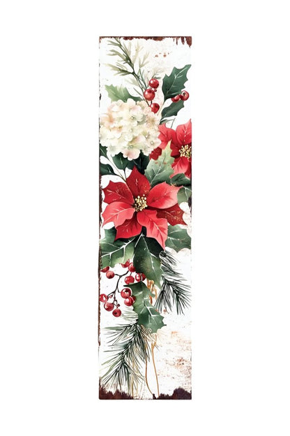 36" White Green And Red Christmas Poinsettia Solid Wood Porch Sign