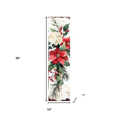 36" White Green And Red Christmas Poinsettia Solid Wood Porch Sign