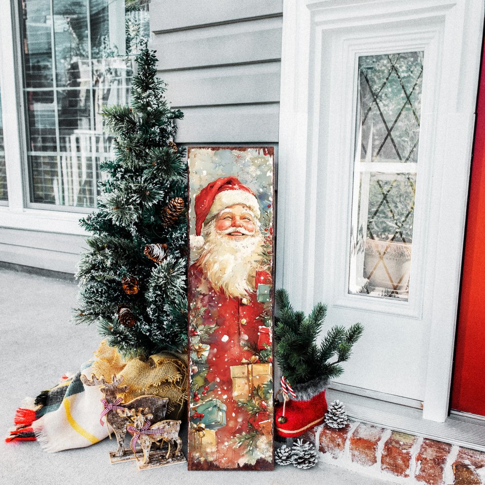 36" Red And White Christmas Santa and Snowman Solid Wood Reversible Porch Sign