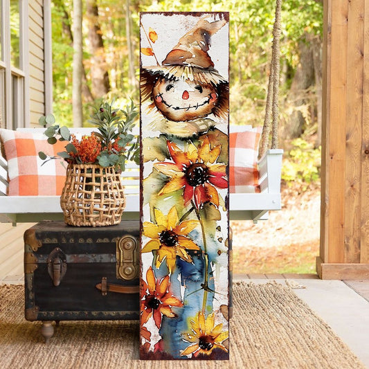 Letrero de porche de madera maciza de espantapájaros marrón, blanco y amarillo de 36"