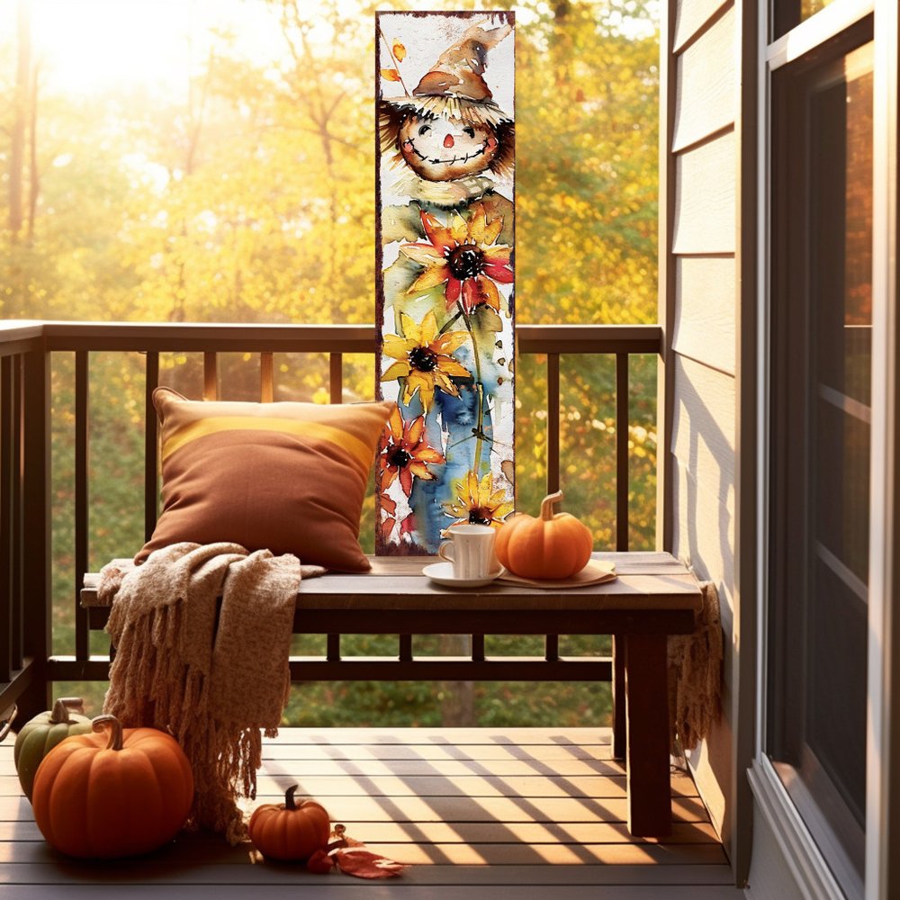 Letrero de porche de madera maciza de espantapájaros marrón, blanco y amarillo de 36"