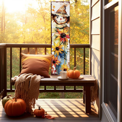 Letrero de porche de madera maciza de espantapájaros marrón, blanco y amarillo de 36"