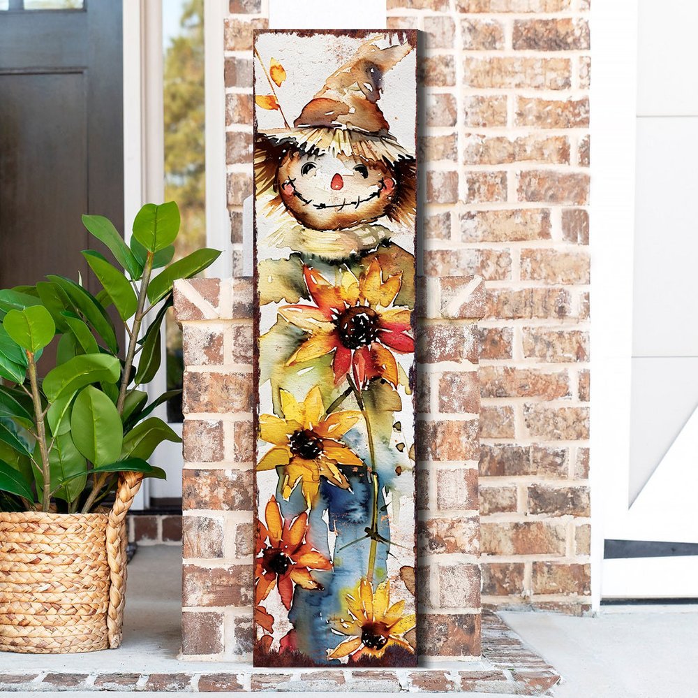 Letrero de porche de madera maciza de espantapájaros marrón, blanco y amarillo de 36"