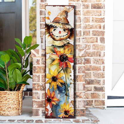Letrero de porche de madera maciza de espantapájaros marrón, blanco y amarillo de 36"