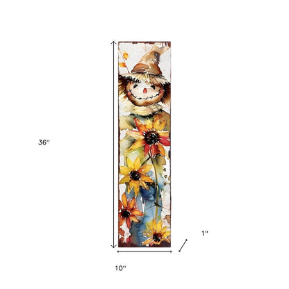 Letrero de porche de madera maciza de espantapájaros marrón, blanco y amarillo de 36"