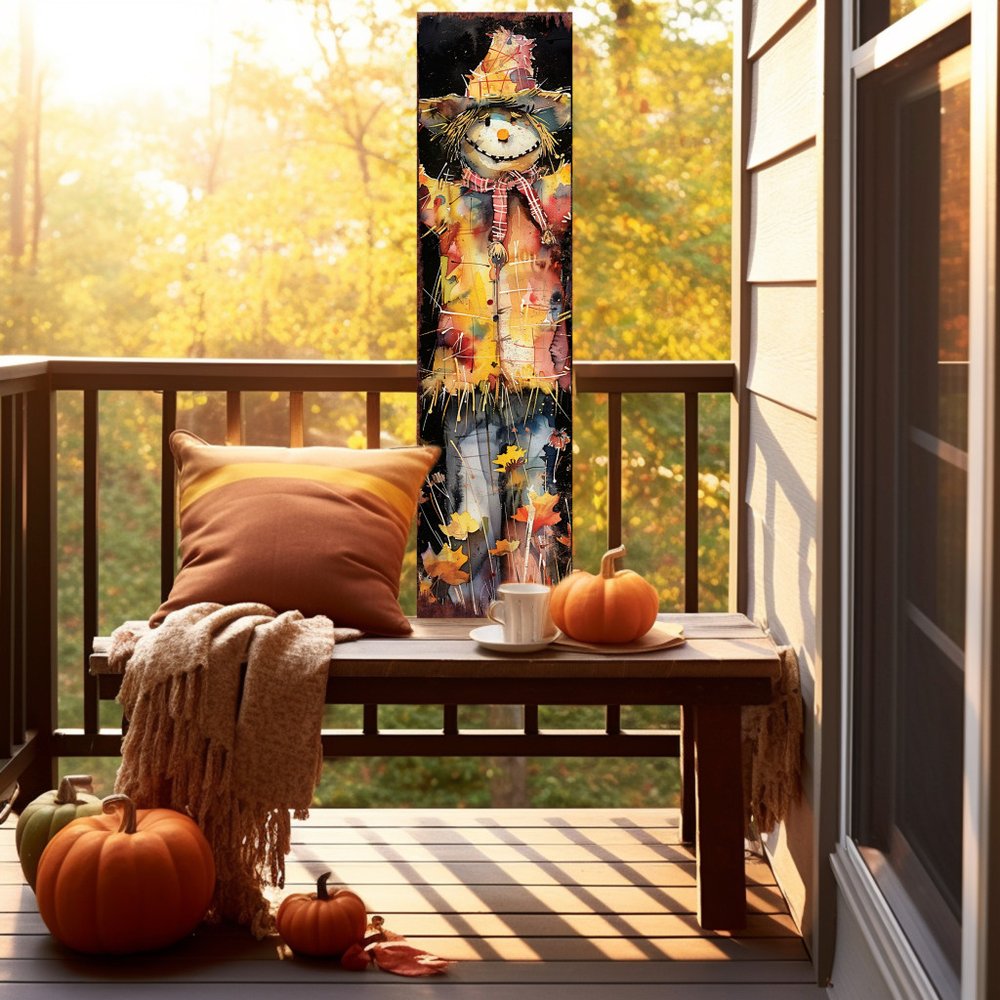 Letrero de porche de madera maciza de espantapájaros negro y naranja de 36"