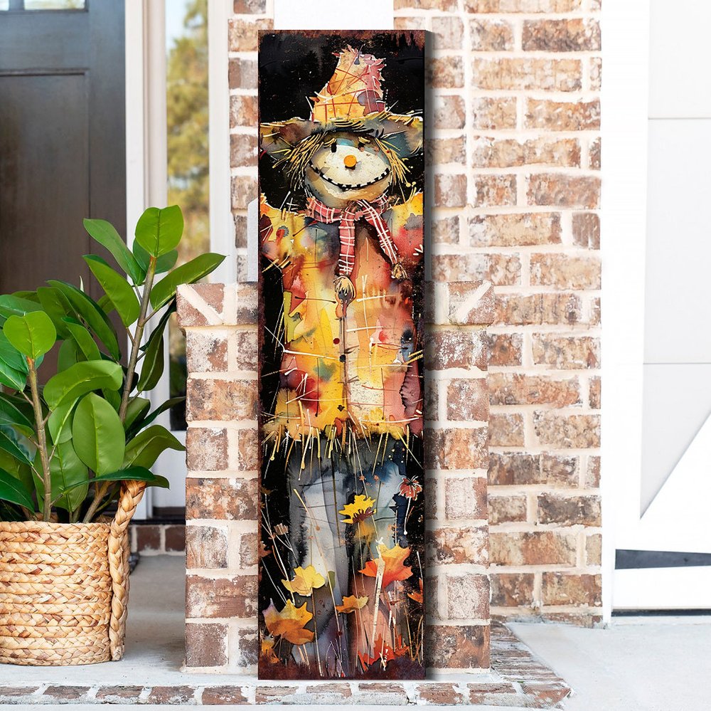 Letrero de porche de madera maciza de espantapájaros negro y naranja de 36"
