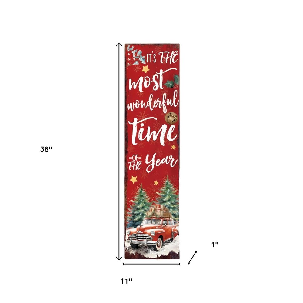36" Red White And Green Christmas Holiday Red Truck Solid Wood Porch Sign