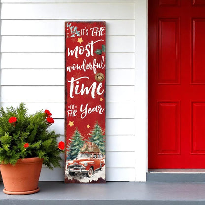 36" Red White And Green Christmas Holiday Red Truck Solid Wood Porch Sign