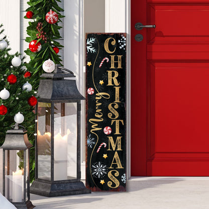 Letrero de madera maciza para porche de 36" con copos de nieve navideños en negro y dorado