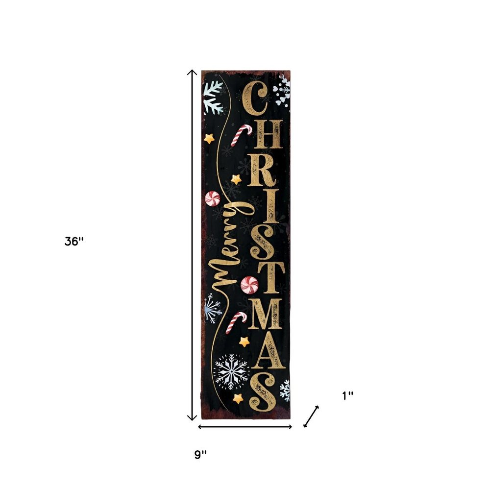 Letrero de madera maciza para porche de 36" con copos de nieve navideños en negro y dorado