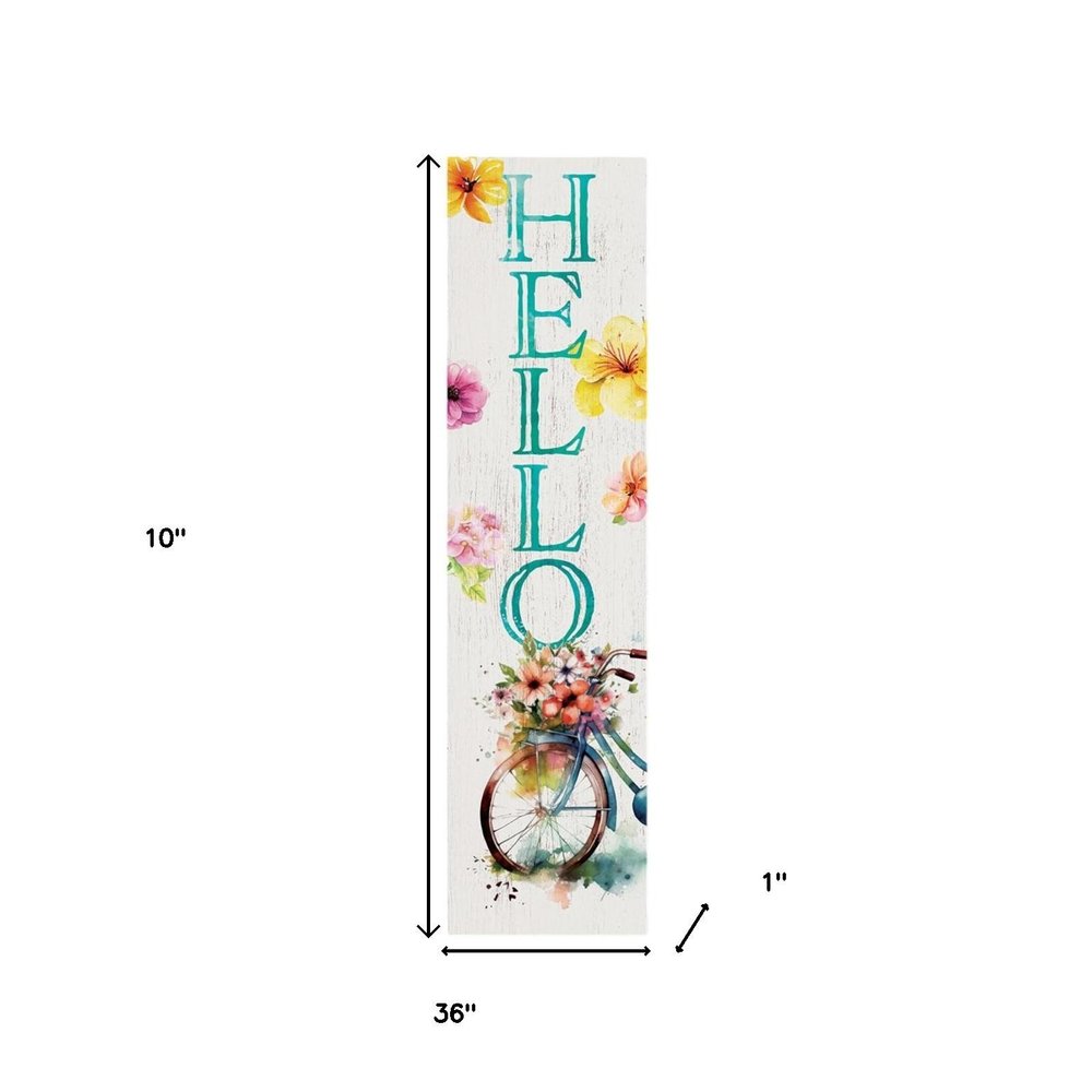 36" White And Turquoise Hello Solid Wood Porch Sign