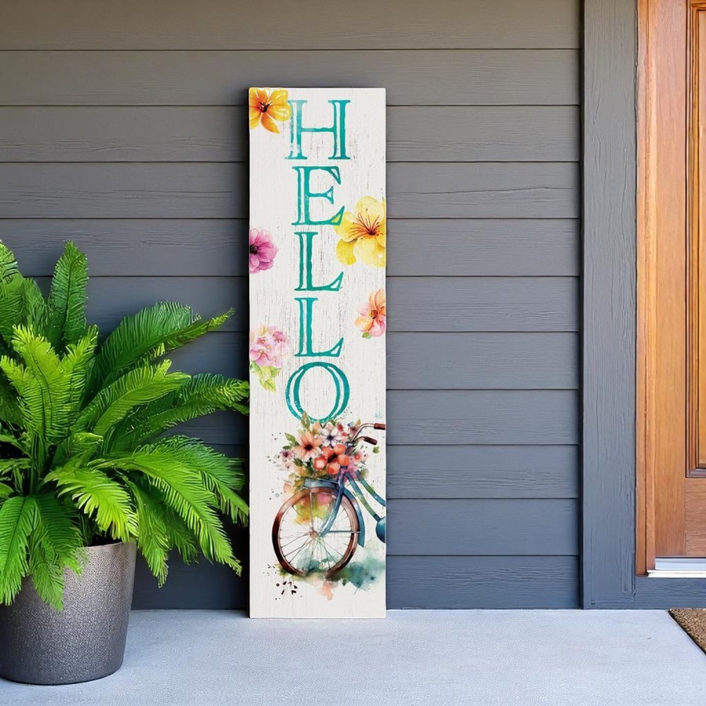 36" White And Turquoise Hello Solid Wood Porch Sign