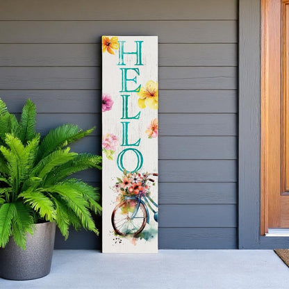 36" White And Turquoise Hello Solid Wood Porch Sign