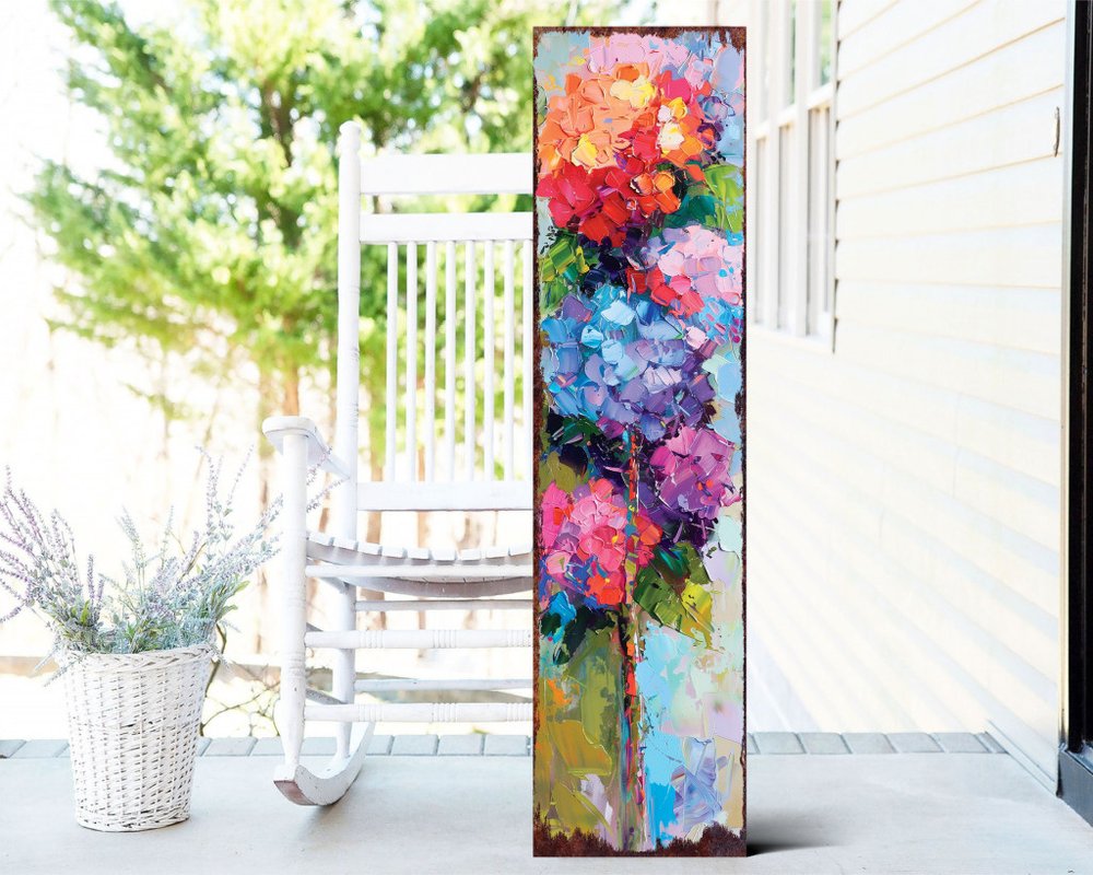 Letrero de porche de madera maciza de 36" con hortensias azules, moradas y rojas