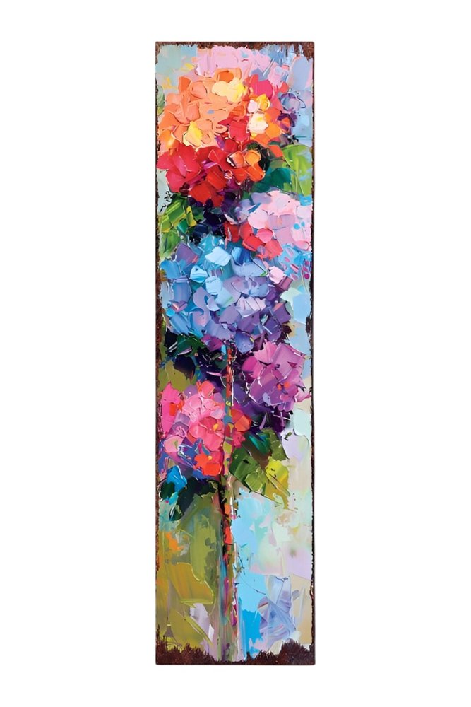 Letrero de porche de madera maciza de 36" con hortensias azules, moradas y rojas