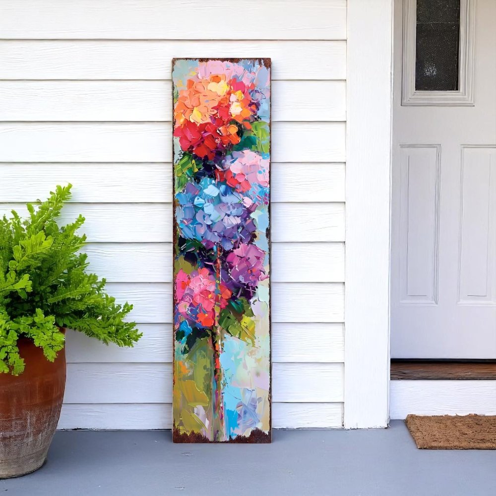 Letrero de porche de madera maciza de 36" con hortensias azules, moradas y rojas