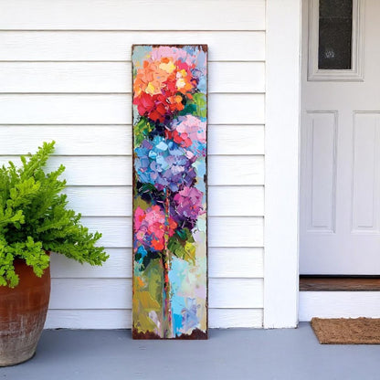 Letrero de porche de madera maciza de 36" con hortensias azules, moradas y rojas