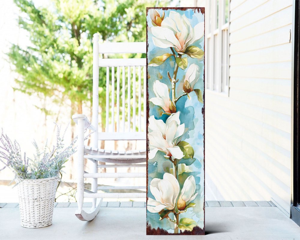 Letrero de porche de madera maciza con ramo floral azul, verde y blanco de 36"