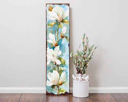 Letrero de porche de madera maciza con ramo floral azul, verde y blanco de 36"