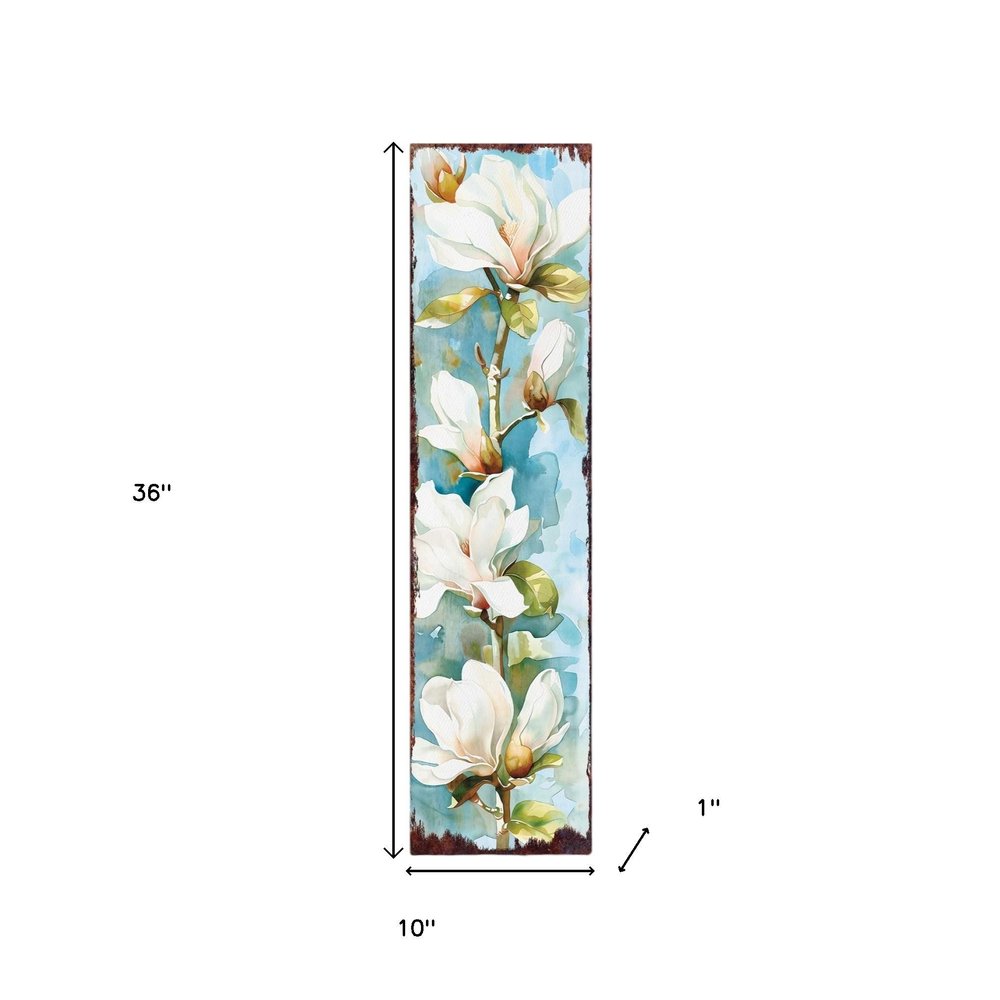 Letrero de porche de madera maciza con ramo floral azul, verde y blanco de 36"