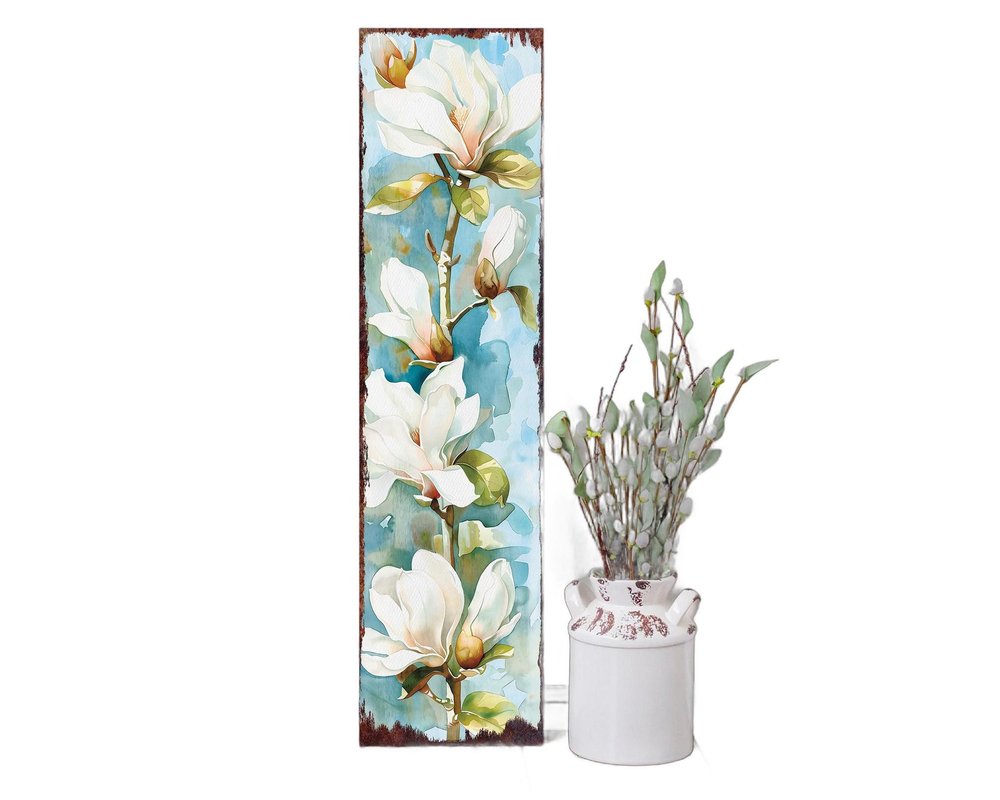 Letrero de porche de madera maciza con ramo floral azul, verde y blanco de 36"
