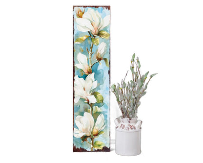 Letrero de porche de madera maciza con ramo floral azul, verde y blanco de 36"