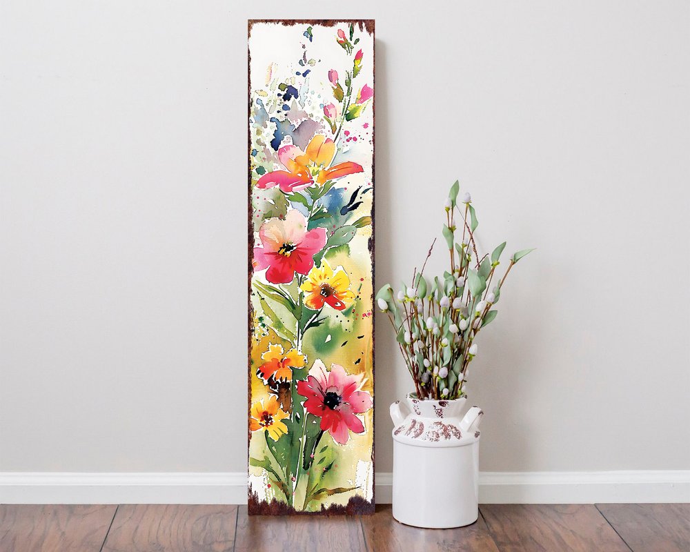 36" White Pink And Yellow Wildflowers Solid Wood Porch Sign