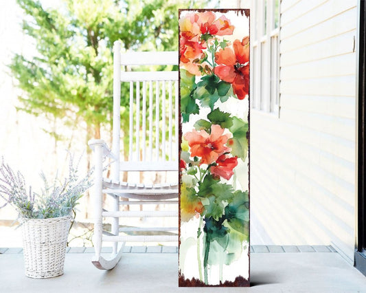 36" White Red And Green Geranium Solid Wood Porch Sign