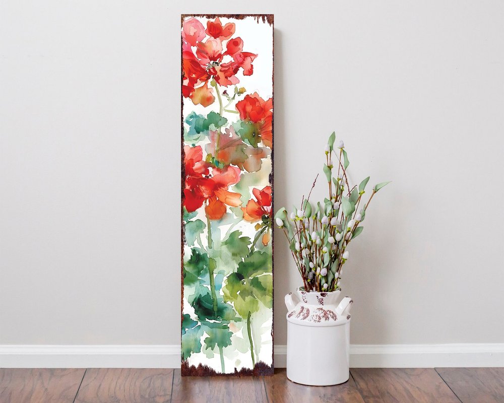 Letrero de porche de madera maciza de 36" con geranio verde, rojo y blanco