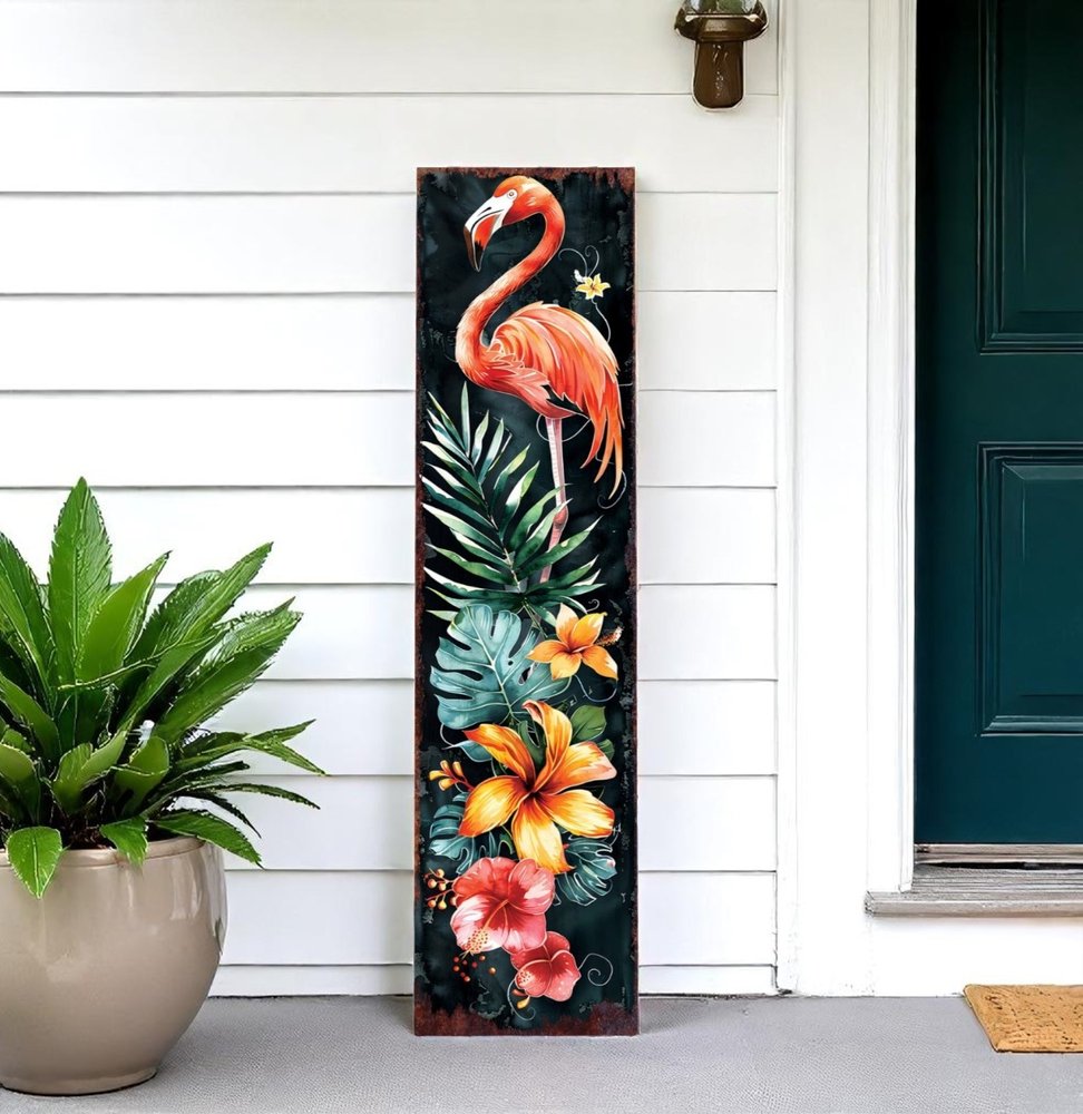 Letrero de porche de flamenco de madera maciza de 36" en color negro coral y verde
